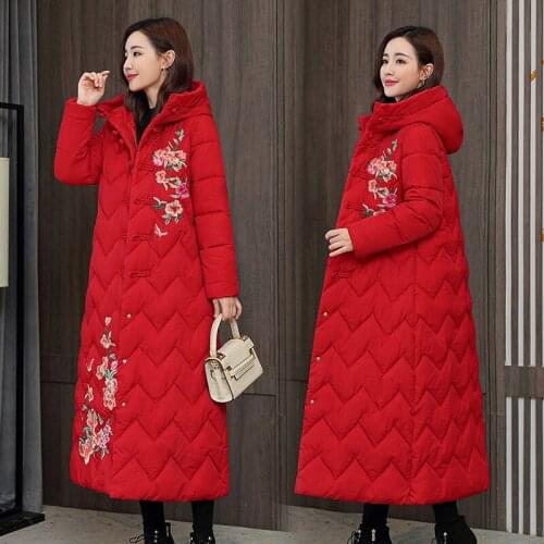 GOOHOJIO Women Jacket Ethnic Style Long Cotton Padded Female Long Coat High Quality Warm Outwear Womens Parka Manteau Femme