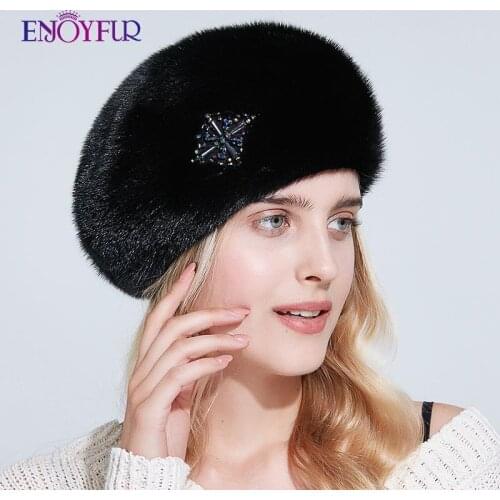ENJOYFUR womens winter whole mink fur hats real natural mink berets caps fashion rhinestone warm ladies casual russia beanies