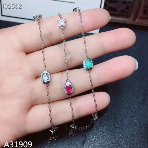 KJJEAXCMY Fine Jewelry 925 sterling silver inlaid natural pink sapphire emerald aquamarine female bracelet support detection