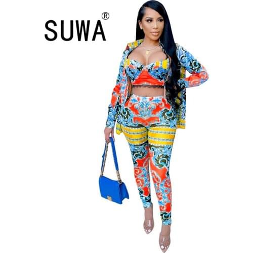 Tie Dye Sexy Club Outfits For Womens 3 Piece Sets Long Sleeve Coats Jacket + Bra Top Tunic + High Waist Pencil Pants Suit