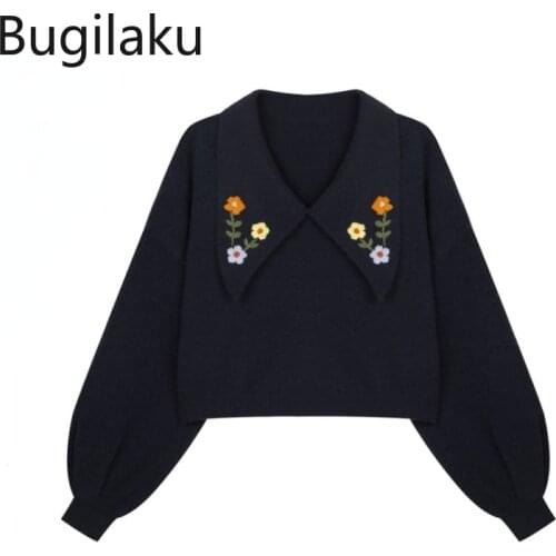 Bugilaku Long Sleeve Short Sweater Women Autumn New Turn Down Collar Flower Embroidery Pullover Jumpers Casual Vintage Tops