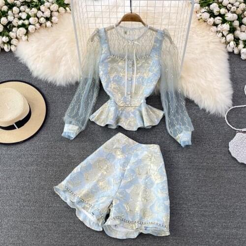 Runway Print Two Piece Suits Womens Top And Pants Flower Gold Print Angel Lace Sleeve Shirts Ladies + Shorts Pants 2pcs Outfits