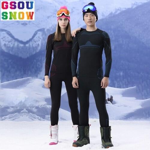 GSOU SNOW Winter Men Women Outdoor Ski Underwear Long sleeves Skiing set Quick Dry Thermal Ski Jacket+Pants Breathable Slim Coat