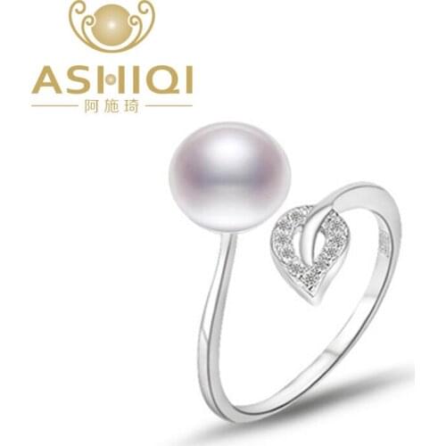 ASHIQI Real 925 Sterling Silver Rings Leaf Jewelry 8-9mm Natural Pearl Freshwater Pearl Open Finger Jewelry