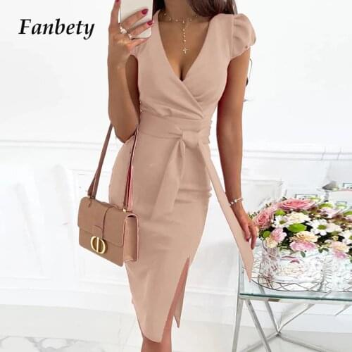 Sexy Deep V Neck Slim Fit Bodycon Dress Women Butterfly Sleeve Ladies Elegant Dress 2021 Spring Summer Solid Party Dress Belt