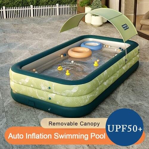 Auto Inflation Swimming Pool Sun Resistant Inflatable Pool Float Raft Removable Canopy for Outdoor Backyard Water Party