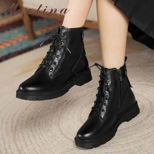 Meotina Genuine Leather Motorcycle Boots Shoes Women Winter Platform Flat Boots Lace Up Round Toe Ladies Short Boots Autumn 40