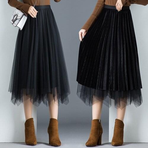 Reversible And Wearable Black Mesh Long Skirt Women 2020 Spring Autumn Pleated Velvet Elastic High Waist Slim Wrap Tulle Skirts