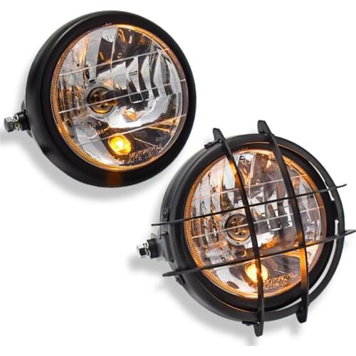 E-stamp 5.75 Inch Universal Vintage Grille Headlight Motorcycle Front LED Headlamp Daytime Running Light with Cover