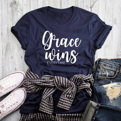 Grace Wins Everytime 100%Cotton T-shirt Unisex Religious Church Christian Tshirt Casual Women Jesus Faith Top Tee Drop Shipping