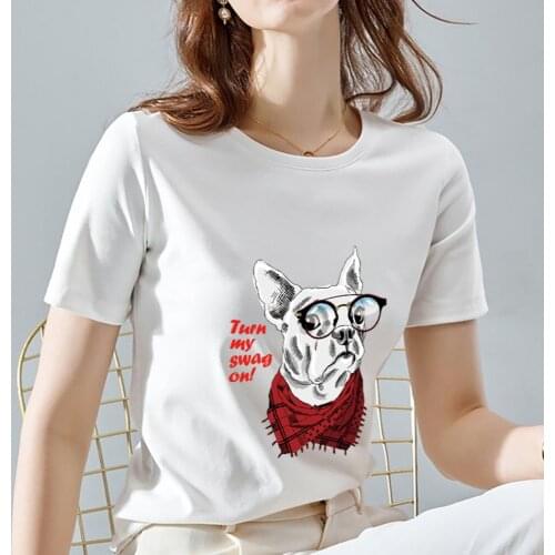 T-shirt Womens Sweet Style Wild Cute Dog Pattern Printing Casual Slim Commuter O-neck Fashionable and Comfortable Ladies Top