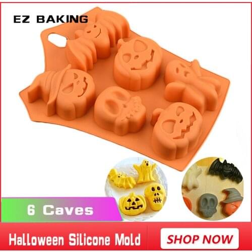 Halloween cake decorating 6 hole pumpkin ghost skull bat chocolate cake silicone mould Ice Tray mold free shipping