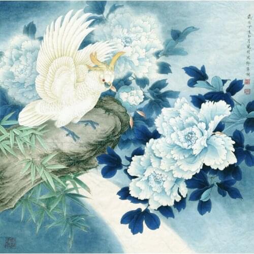 Chinese classical white parrot peony scenery oil painting canvas printings printed on canvas home wall art decoration picture