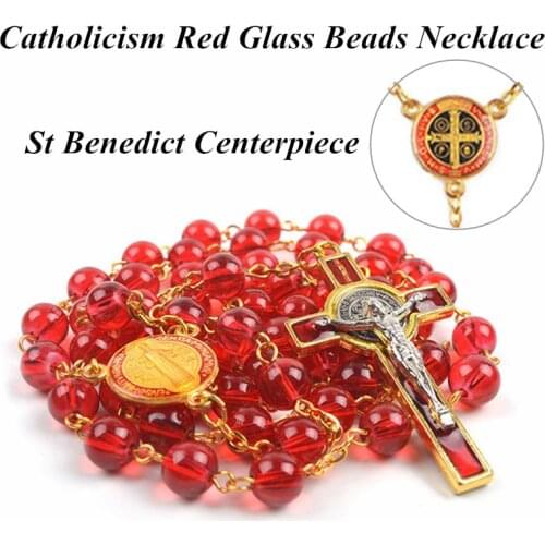 Catholic Red Crystal Galss Rosary Necklace Silver Plated Jesus Faceted Cross Pendant Religion Jewelry