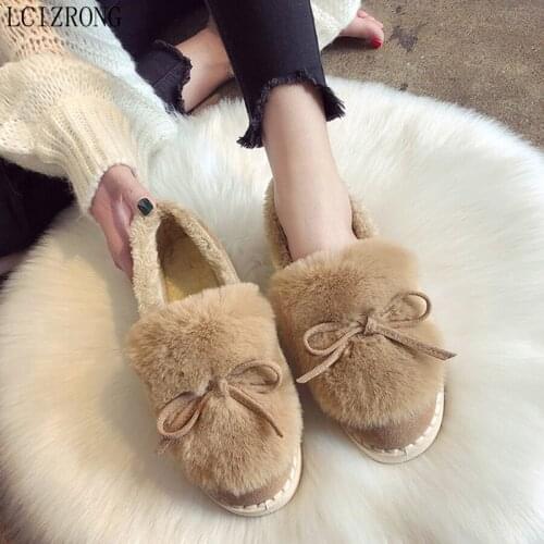 LCIZRONG Warm Women Faux Fur Plush Flat Shoes Non-slip Loafers Comfortable Simple Work Female Suede Flats
