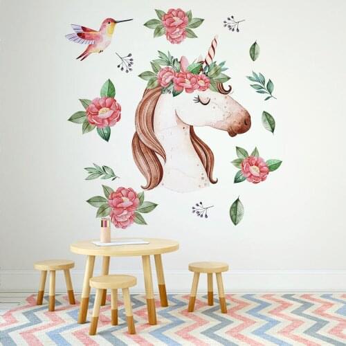 Flower Unicorn Wall Sticker for Childrens Room Living Room Bedroom PVC Sticker Decoration Painting Horse Holy Beast Wall Decor