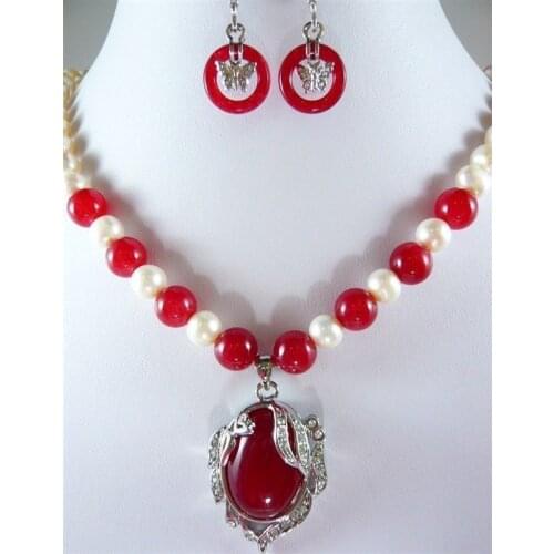 Noblest red jades-white pearl necklace +18KGP pendant earring set 18"AAA>>> women jewerly