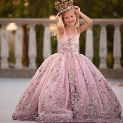 2020 New Lace Pearls Flower Girl Dresses Ball Gown Spaghetti Girls Wedding Party Dress Vintage Communion Pageant Gowns