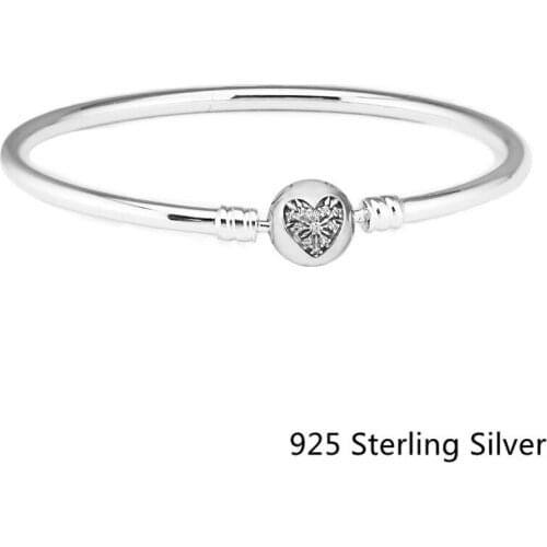 CKK 925 Sterling Silver Moments Silver Bangle with Heart of Winter Clasp Original Fashion Jewelry Making