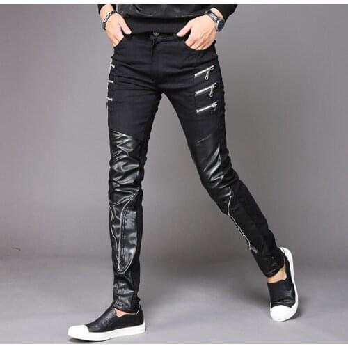 Autumn and Winter Thick Stitching Leather Pants Mens Korean Slim Models Tide Non-mainstream Motorcycle Pants Youth Nightclub