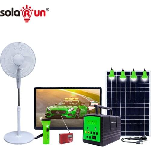 Pay as you go complete home solar system with 24 inch DC 12V solar powered TV kit with bulb fan radio mobile home solar system