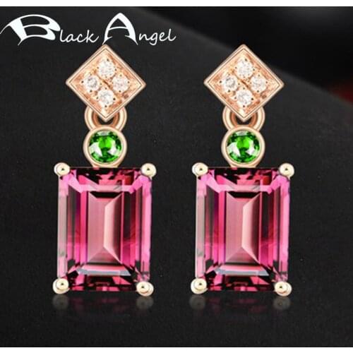 BLACK ANGEL 18K Rose Gold Red Pigeon Blood Rectangle Pink Tourmaline Stud Earrings for Women Fashion Ornaments Jewelry Gift