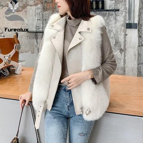High imitation fox fur Long Vest Genuine Sheepskin Leather Waistcoat Wholeskin Natural Fox Fur Winter Heating Warm Outwear