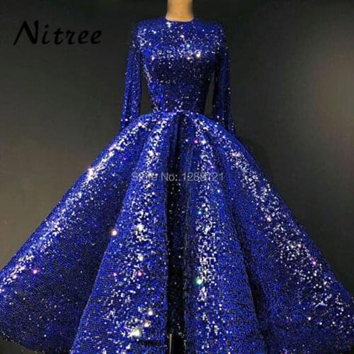 Sparking Royal Blue Muslim Evening Dresses Dubai Turkish Aibye Ball Gown Prom Gowns Formal Party Dress Abendkleider Kaftan Gowns