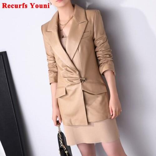 TOP Genuine Leather Jacket Women Asymmetrical One Button Full Sleeved Casual Coat Mujer Mid Long Suit Chaquetas Veste Femme