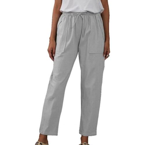 Women Casual Trousers Elastic Waist Solid Color Straight Casual Drawstring Pockets Slim Trousers Loose Capris штаны