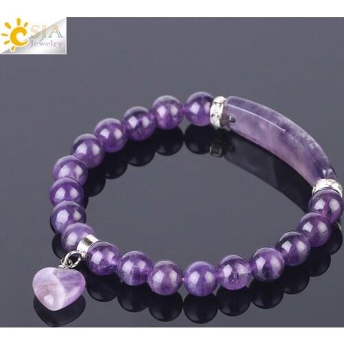 CSJA Purple Crystal Quartz Amethysts Bracelets Natural Round Beads Bangle Womens Hand Bracelet for Anxiety Real Gemstone F561