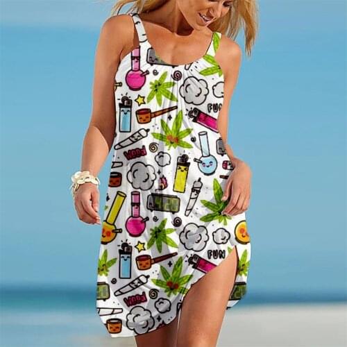 LONGTIME Graffiti Daily Necessities Psychedelic Leaf Printing Fashion Ladies Summer Beach Dress