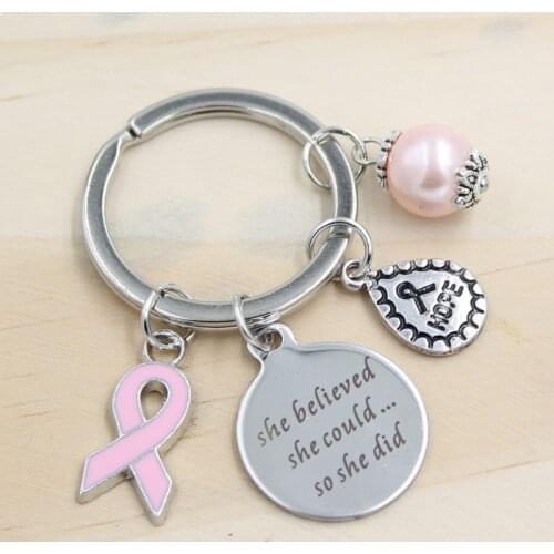 10PCS New Arrival Stainless Steel Key Ring Keychains Breast Cancer Awareness Pink Ribbon Keychain Keyring Gift for Women Jewelry