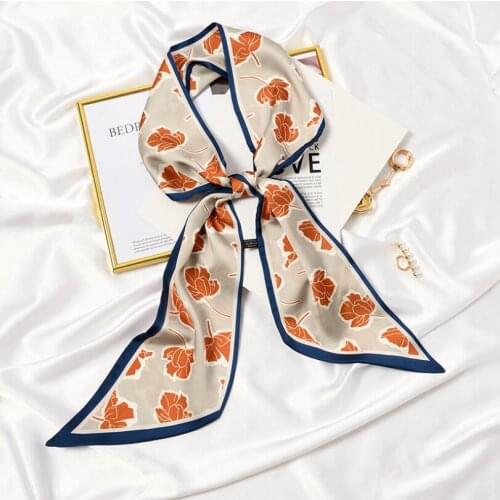 2021 New Narrow Kerchief Small Silk Neck Scarf For Women Flower Pattern Hijab Scarfs Female Skinny Shawls Wraps Scarves Foulard