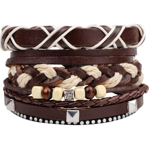 3pcs/set Hippie Punk Brown Cord Wrap Big X Letter Word Knots Leather Wooden Pyramid Rivet Beads Layers Wide Bracelets for Man