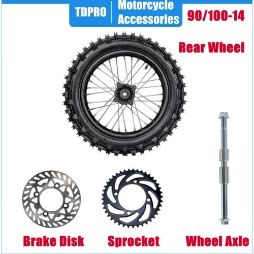 TDPRO Motorcycle Tyre Accessories 90/100-14 Tire Rear Wheel Kit with 190mm Brake Disk Rotor 428 Chain Sprocket Wheel Axle
