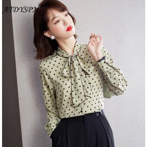 Autumn Women Long Sleeve Blouses Shirts Elegant Office Lady Bow Lace Up Polka Dot Female Tops Casual Girls Streetwear Clothing
