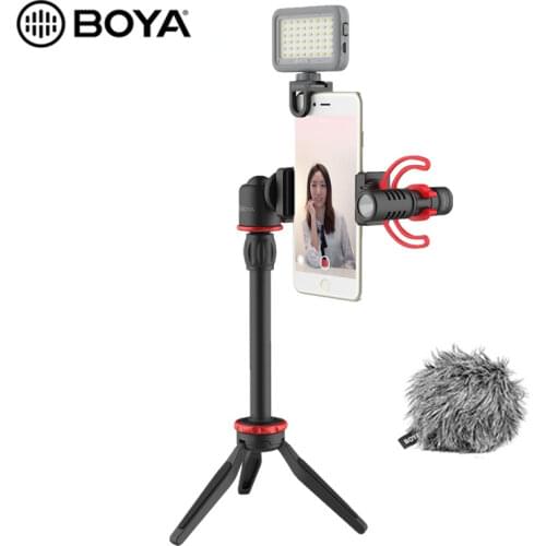 BOYA BY-MM1+ BY-VG350 Microphone LED Light Tripod Phone Clip Holder Kit for Smartphone DSLR Camera PC Vlog Live Video Recording
