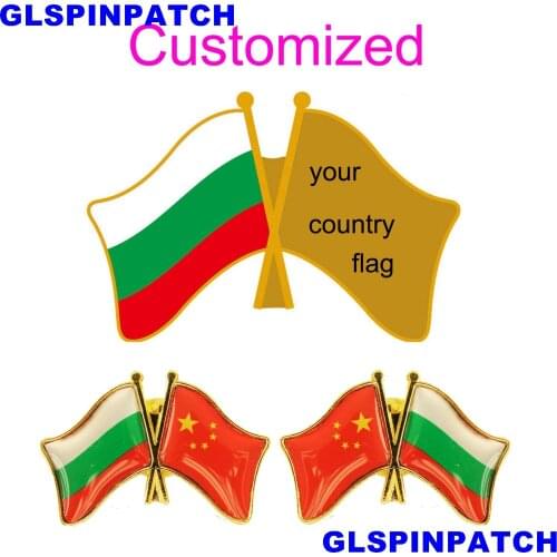 Bulgaria Crossed Friendship Flag Double Country lapel pin Brooch USA UK France Chile Russia Saudi Arabia Japan Spain Badge