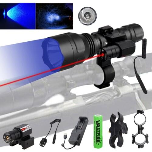 C8 Blue Hunting Torch Tactical Rifle Scout Light Flashlight+Laser Dot Sight Scope+Switch+20mm Rail Barrel Mount+18650+Charger