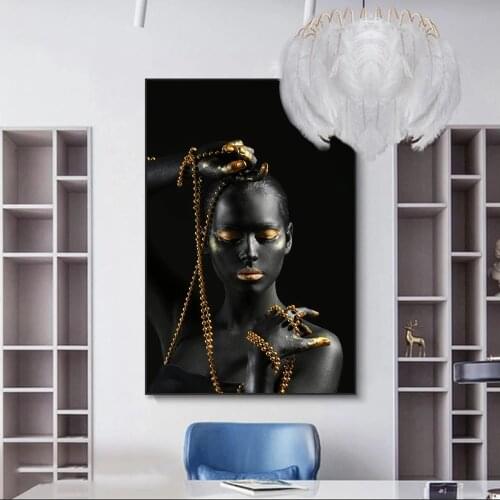 Black Woman Holding Golden Jewelry Canvas Paintings On The Wall Art Posters And Prints African Girl Body Art Pictures Wall Decor