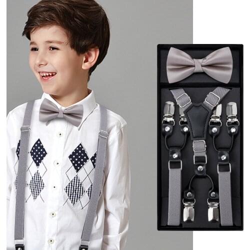 Kids Gray Elastic Suspenders Boys Girls Wedding Bow Tie Suspender Set Children Adjustable Leather Y-Back Brace Belt DiBanGu