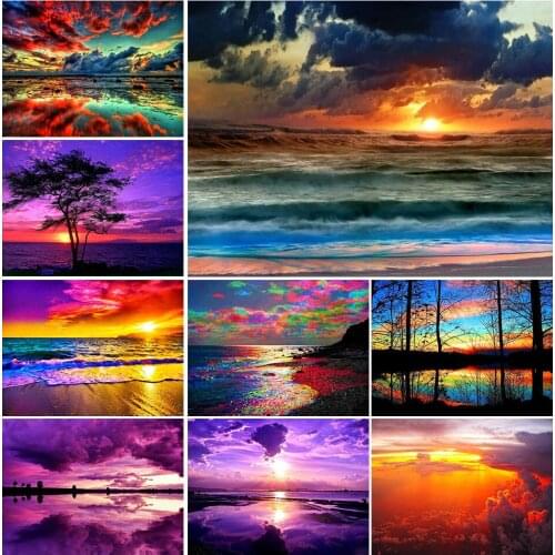 DIY 5D Diamond Painting Full Square Landscape Sunrise Diamond Embroidery Seaside Sunset Mosaic Picture Of Rhinestones Decor Gift
