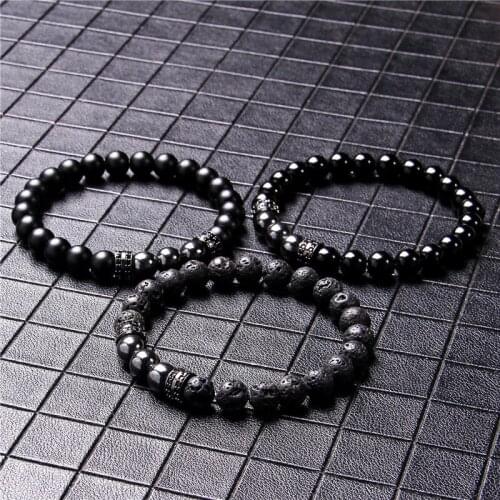 Men Bracelets CZ Charm Bracelets Black Lava Rock Stone Beads Bracelet Women Handmade Fitness Chain Reiki Hematite Jewelry Gift