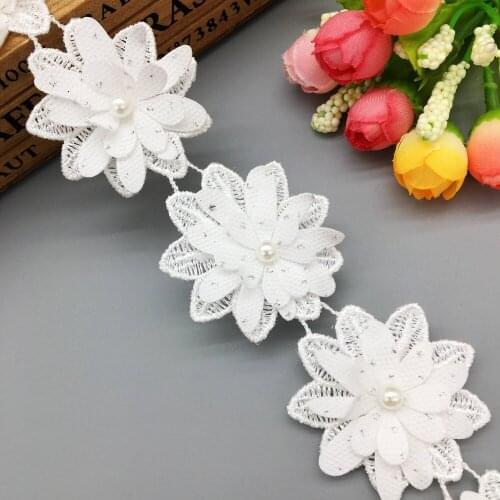 GXINUG 1 Yard Soluble Rose Flower Pearl Embroidered Lace Trim Ribbon Fabric Sewing Craft Patchwork DIY For Costume Decoration