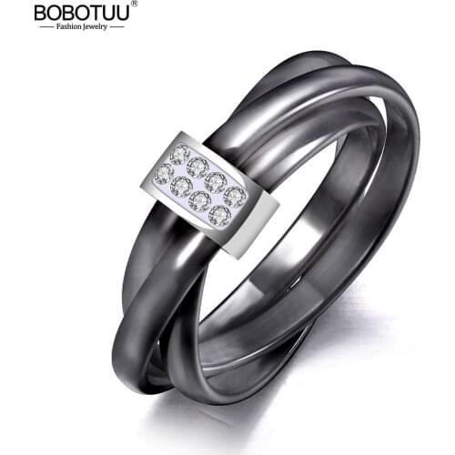 BOBOTUU Exclusive 3 Layers Black/White Ceramic Crystal Wedding Rings Jewelry Rose Gold Stainless Steel Rhinestone Ring BR19066