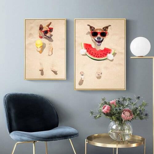 Canvas Painting Print Funny Red Sunglasses Dog Eat Watermelon Ice Cream Poster Animal Wall Art Pictures Living Room Home Decor