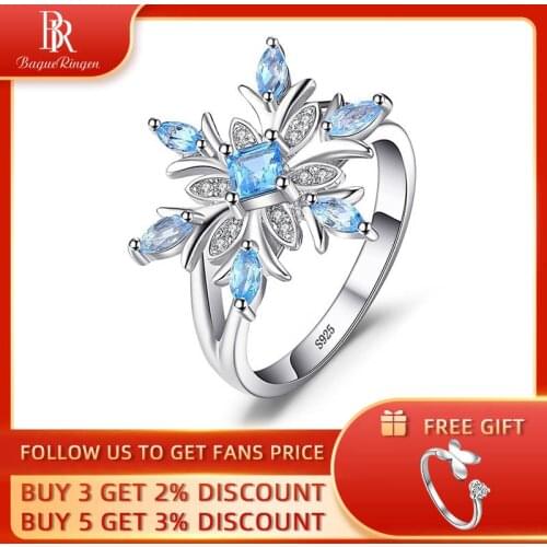 Bague Ringen Aquamarine Silver 925 Jewelry Ring for Charm Women Flower Snowflake Blue Gemstones Anniversary Wedding Rings Gifts