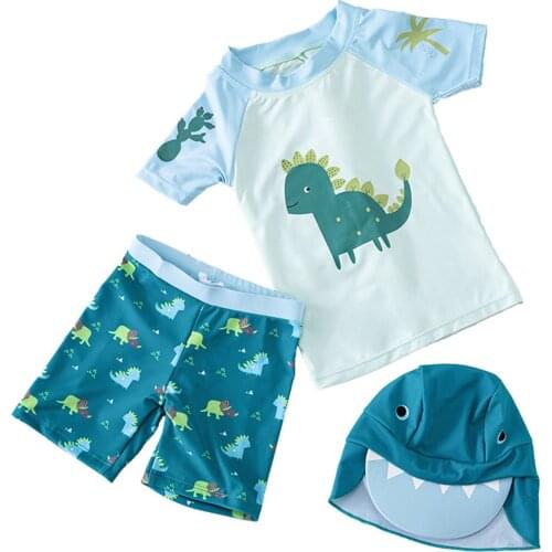 2021boys Summer Clothes Set Toddler Baby Kids Boys Kawaii Cartoon Dinosaur Print+dinosaur Shorts+hat Swimwear Sets #l12