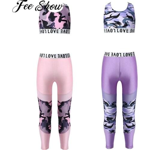 2Pcs Child Gymnastics Outfit Dance Set Kids Girls Running Sport Suit Cross Shoulder Straps Sport Bra Top Mesh Patchwork Leggings